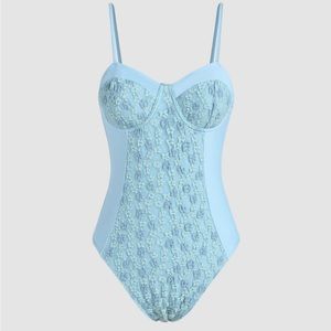 Blue Cider V-NECK FLORAL LACE CUT OUT ONE PIECE SWIMSUIT, small nwt